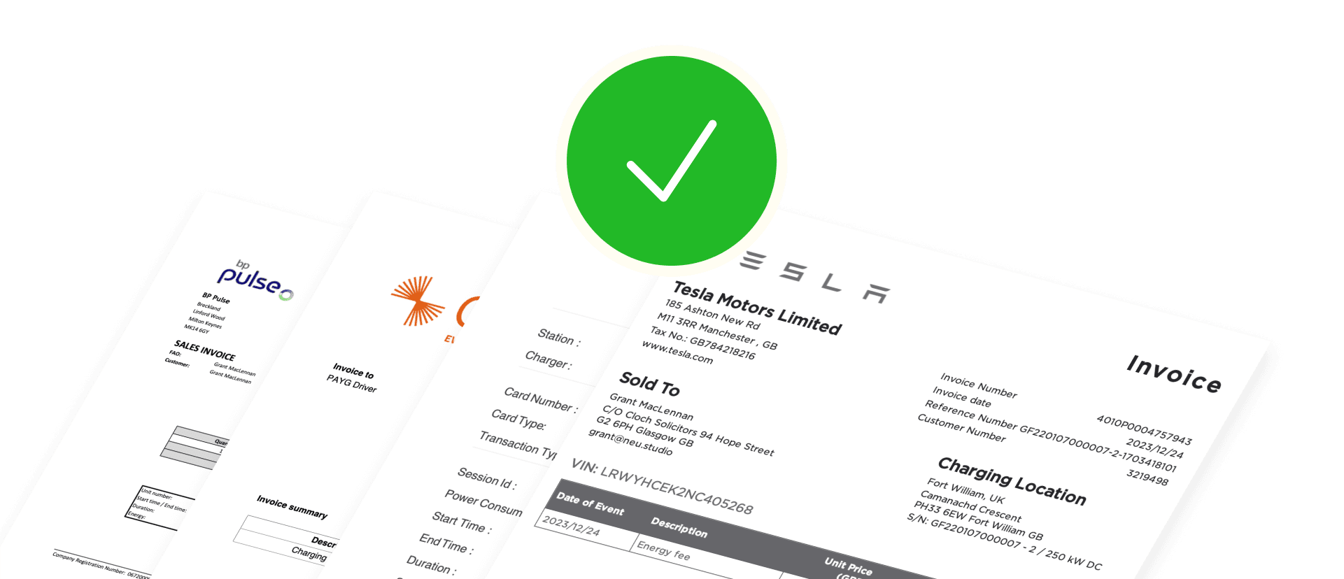 A graphic showing a selection of VAT invoices including Tesla, Ospery and BP Pulse.